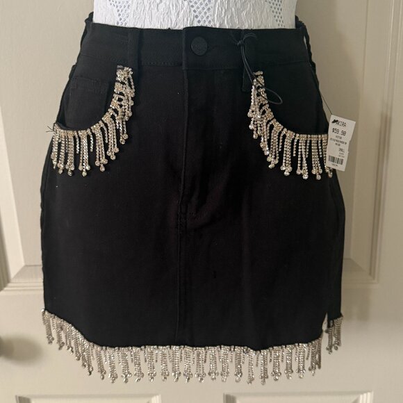 Black Jeans AKIRA Rhinestone Trim Mini Skirt Small NWT - Picture 1 of 6